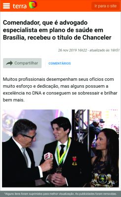 Comendador, que é advogado especialista em plano de saúde em Brasília, recebeu o título de Chanceler - Dr. Luís Mariani Mariani Advocacia Advogado OAB/BA 45230